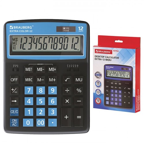 Калькулятор настольный EXTRA COLOR-12-BKBU (206x155 мм), 12 разрядов, двойное питание, черно-голубой